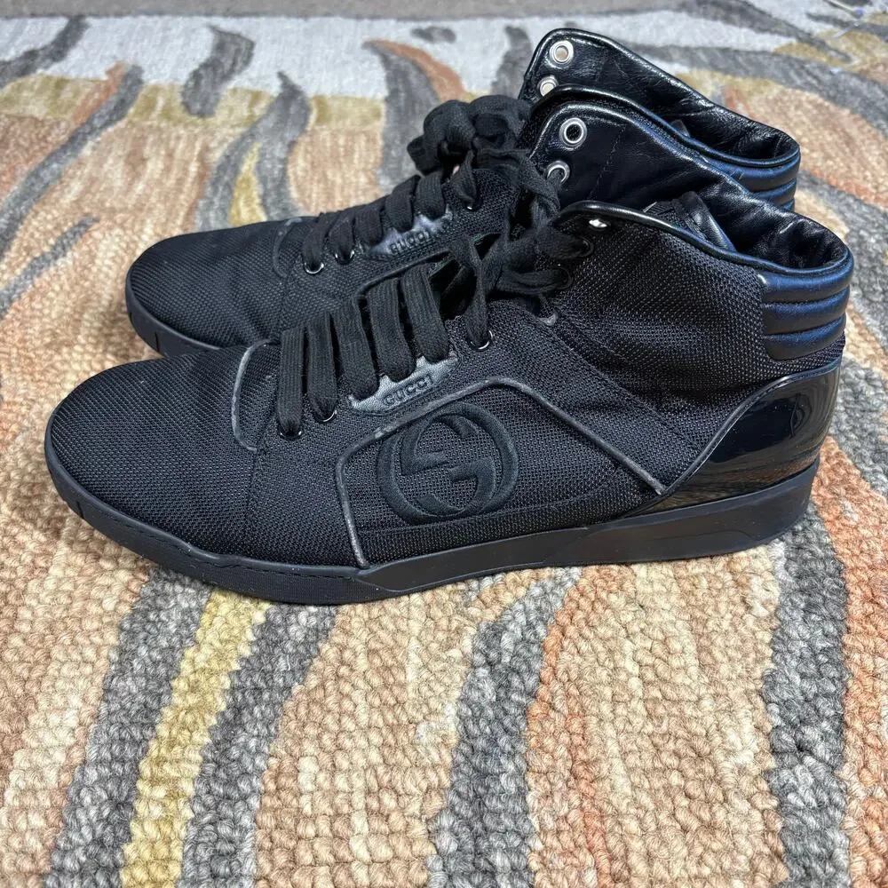 GUCCI Hi Top Black Nylon & Leather Men 10.5 US Retail $900‎ Preowned No Box